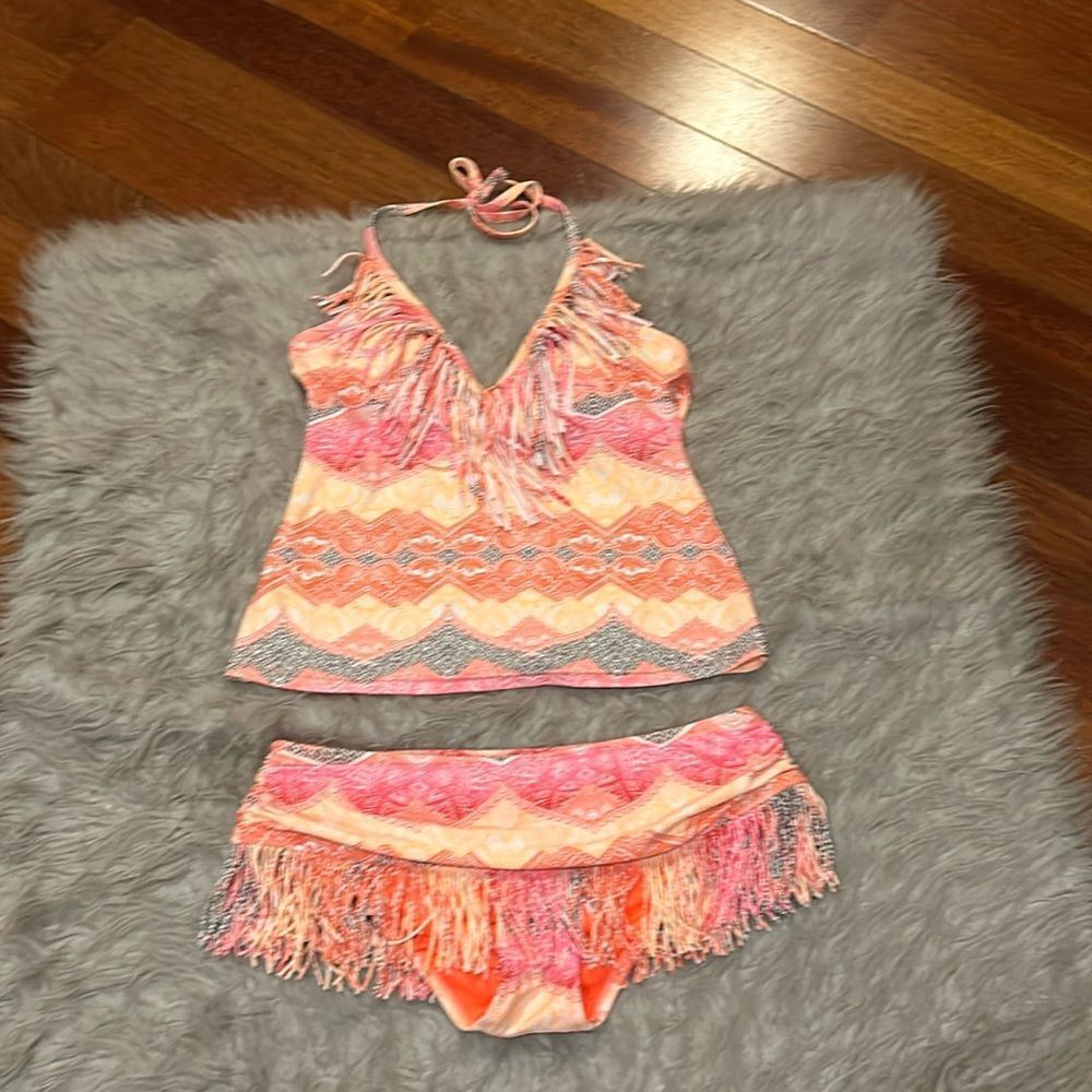 Jessica Simpson women’s yellow, gray, pink and‎ red fringe swimsuit